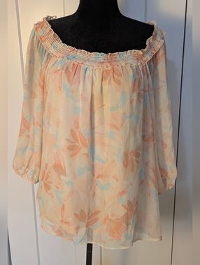 Lauren Conrad Floral Peach Blue Off-shoulder Sheer Balloon Sleeve Top Sz XXL EUC